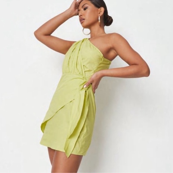 Missguided Neon Green One Shoulder Wrap Tie Mini Dress sz 2 - Picture 1 of 6